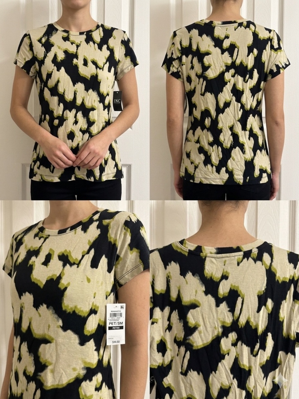 INC International Concepts Black Olive Cream Abstract Short Sleeve Tee